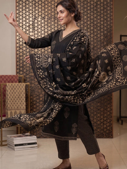 Printed Pure Cotton V-Neck Kurta & Trousers With Dupatta