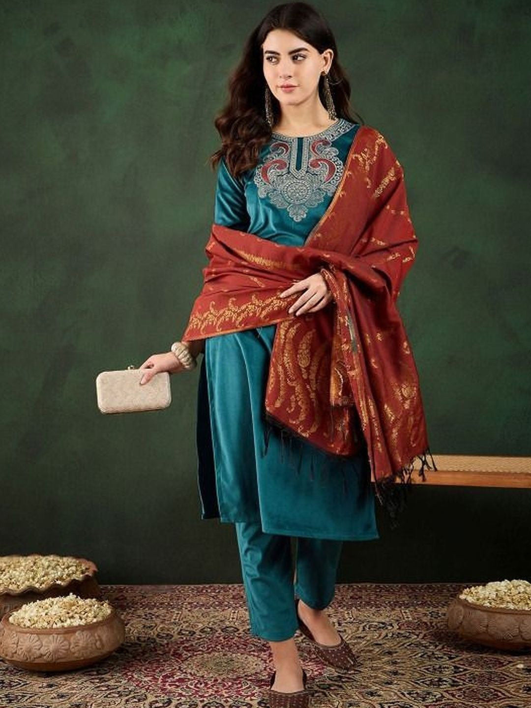 Winter Heavy Embroidered Velvet Round Neck Kurta & Trousers Kurta Sets