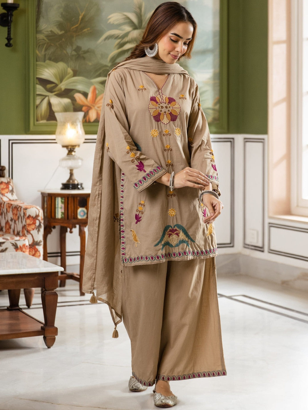 Embroidered Pure Cotton V-Neck Kurta Trousers & Dupatta