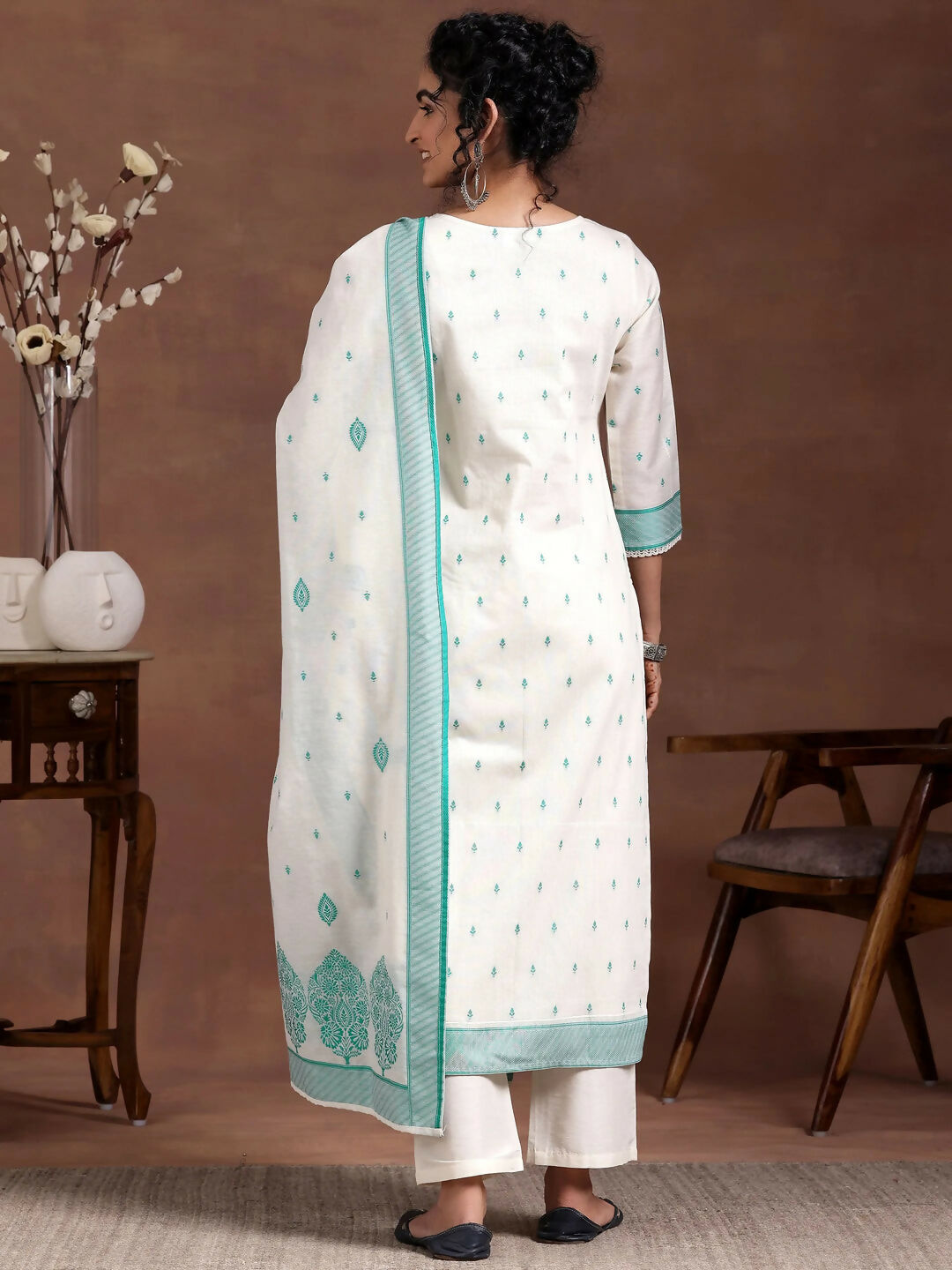 Women's LB Off White Woven Design Chanderi Silk Straight Suit With Dupatta