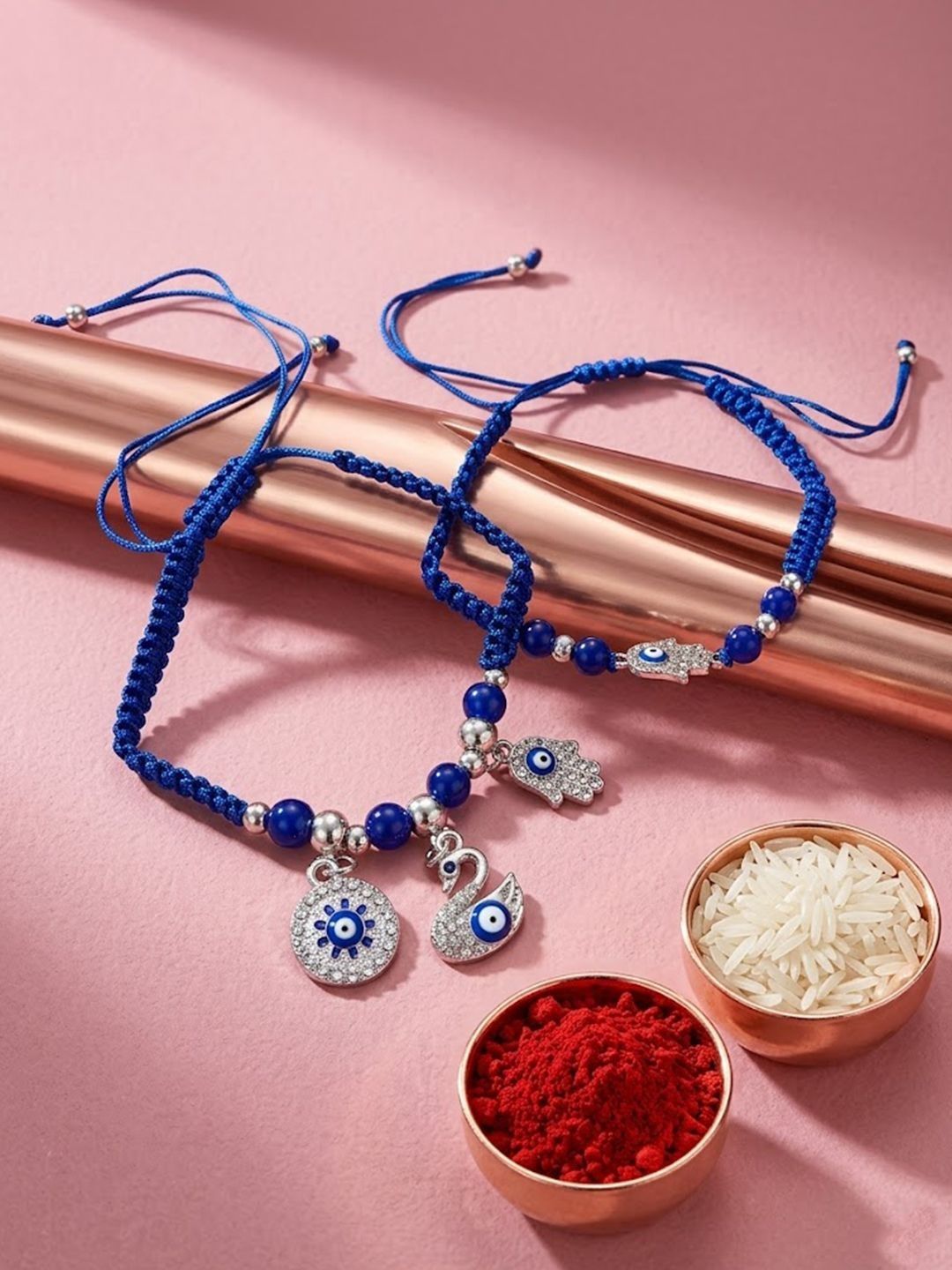 Dhiyona Set Of 2 Blue & Silver Evil Eye Design Bhaiya Bhabhi Rakhi With Roli Chawal Chandan