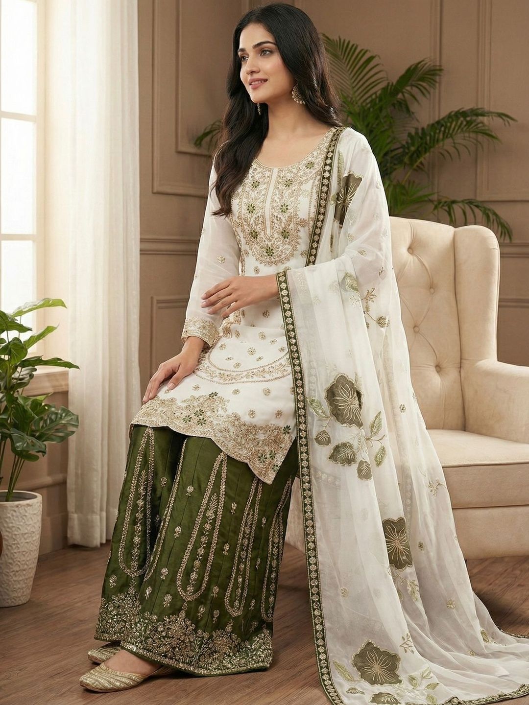 Dhiyona KL Women Ethnic Motifs Embroidered Regular Sequinned Kurta with Sharara & With Dupatta