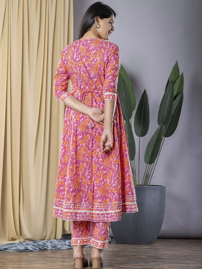 Dhiyona KL V-Neck Floral Printed Pure Cotton Anarkali Kurta with Trousers & Dupatta