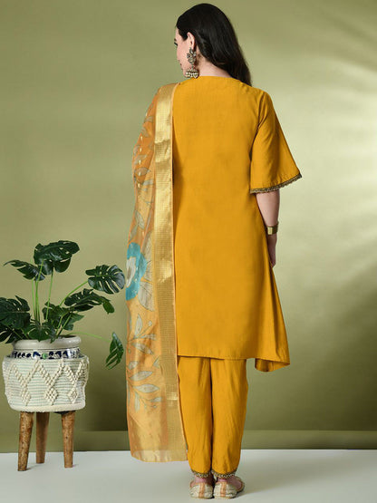 Square Neck Flared Sleeves High-Low A-Line Fusion Kurta With Dhoti Pant & Dupatta