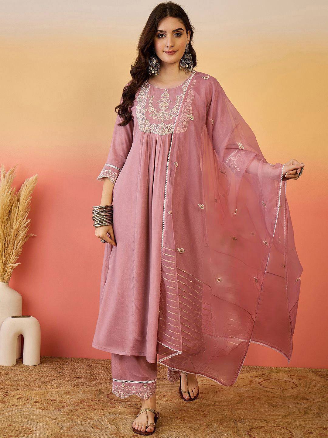 Ethnic Motifs Embroidered Poly Chiffon A-Line Kurta With Trousers And Dupatta
