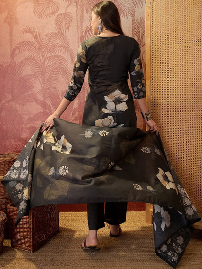 Printed Pure Cotton V-Neck Kurta & Trousers With Dupatta