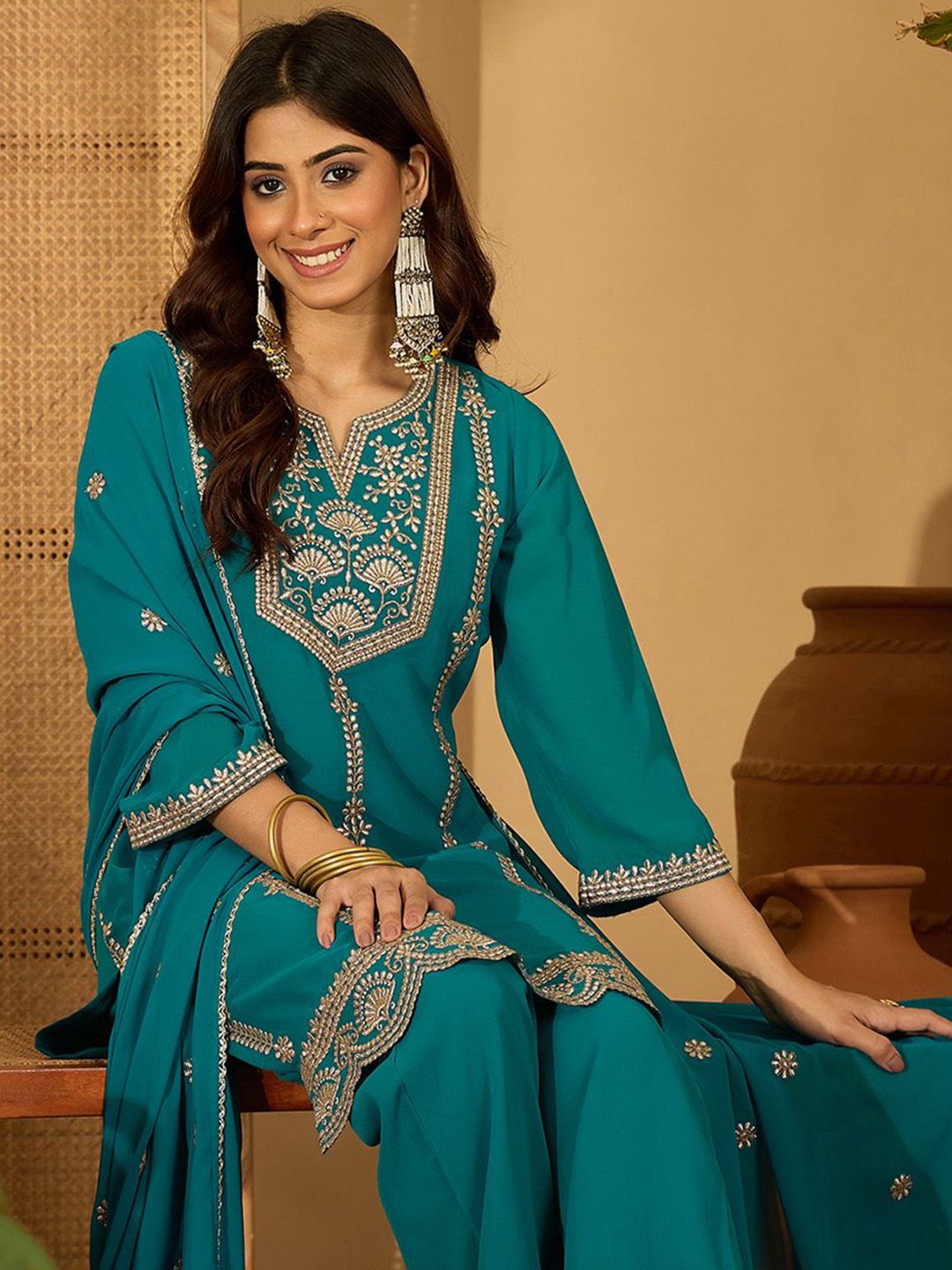 Dhiyona SN Zari Sequence Thread Embroidered Straight Kurta With Palazzos & Dupatta