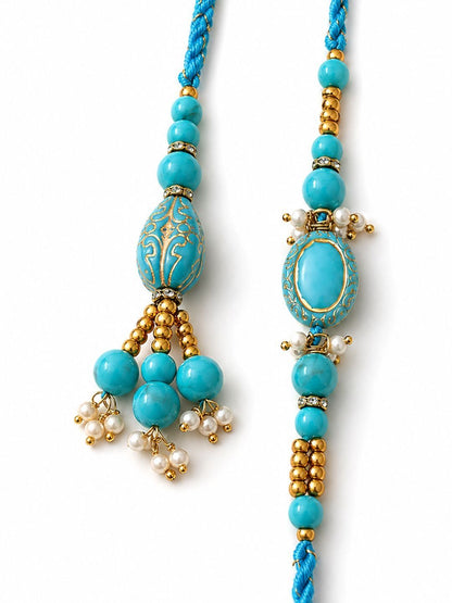 Dhiyona Set Of 2 Turquoise Blue Artificial Beads Bhaiya Bhabhi Rakhi