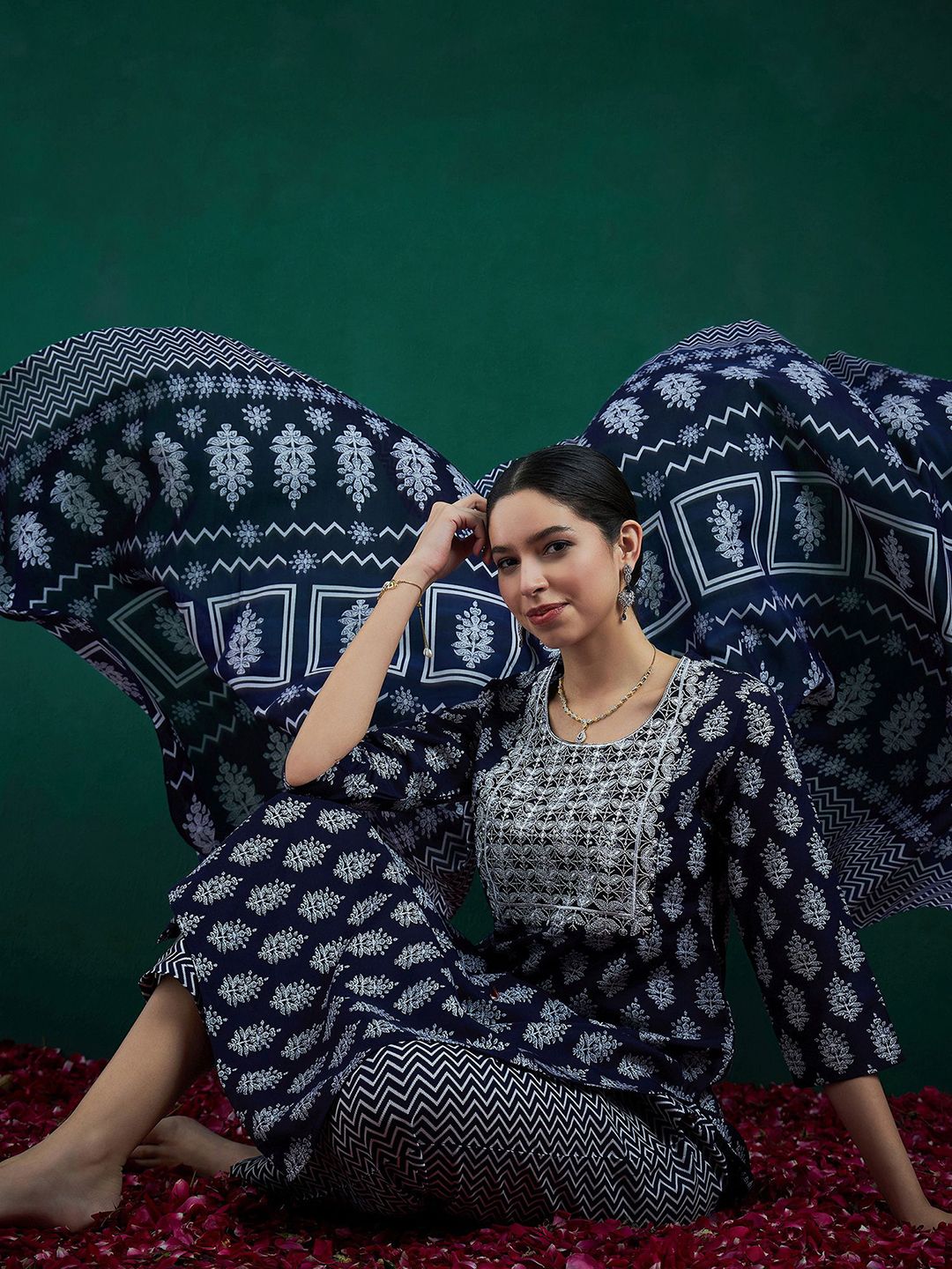 Ethnic Motifs Printed Thread Work Straight Kurta With Trousers & Dupatta