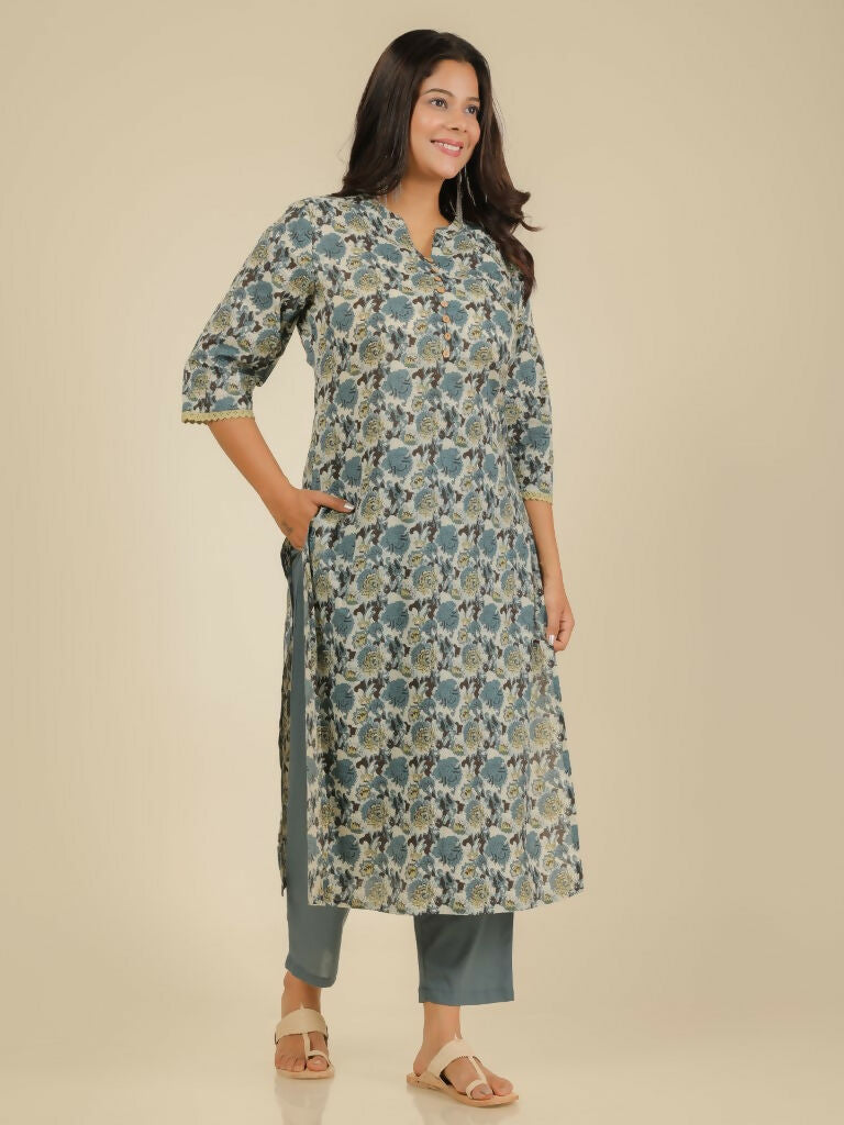 Women's Straight Soft Cotton Floral Print Women's Kurta - Grey