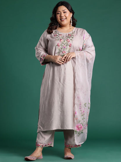 Dhiyona Women's Floral Embroidered Regular Thread Work Round Neck Kurta with Trousers & Dupatta