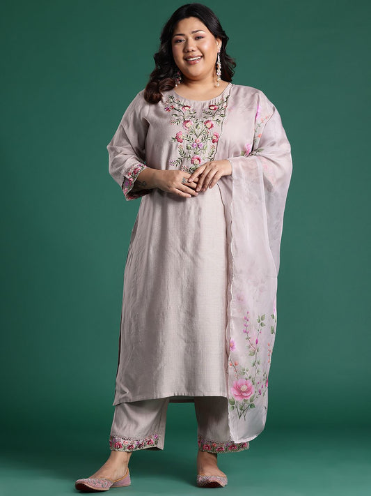 Dhiyona Women's Floral Embroidered Regular Thread Work Round Neck Kurta with Trousers & Dupatta