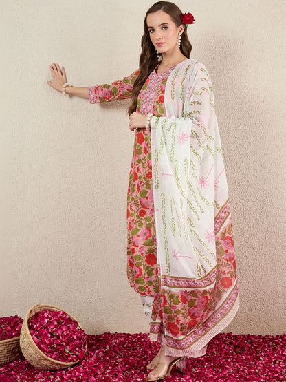 Women Floral Printed Regular Pure Cotton Kurta with Salwar & With Dupatta