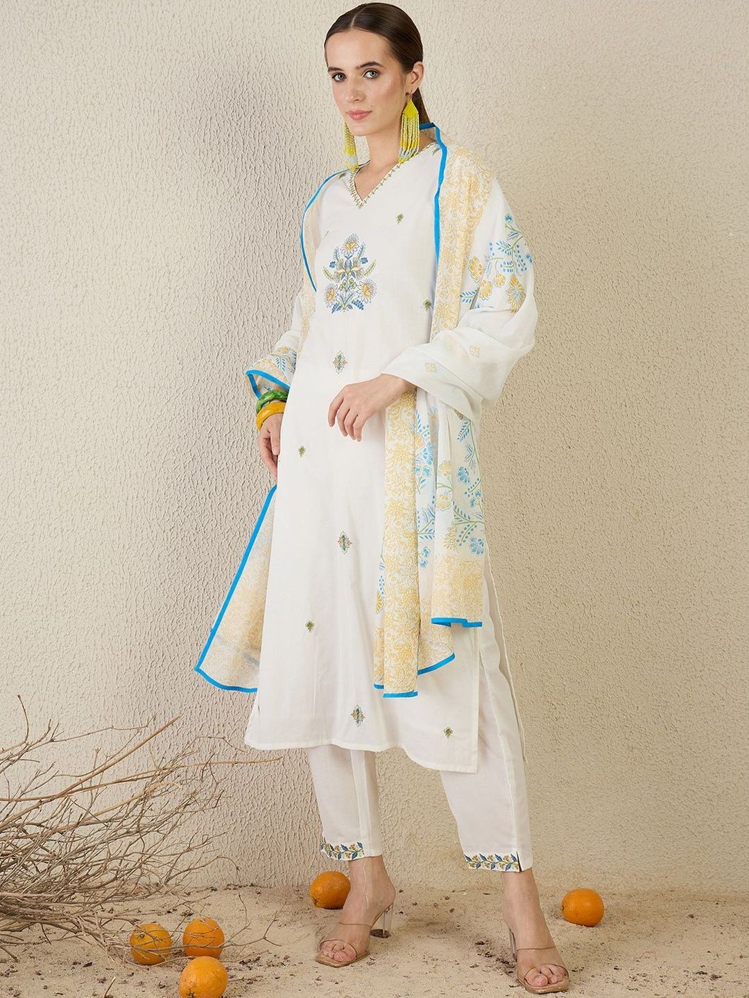 Dhiyona IE Women White Embroidered Straight Kurta Trousers With Dupatta set