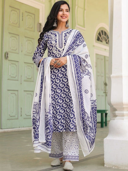 Dhiyona RR Women's Printed Pure Cotton Kurta with Trousers & With Dupatta