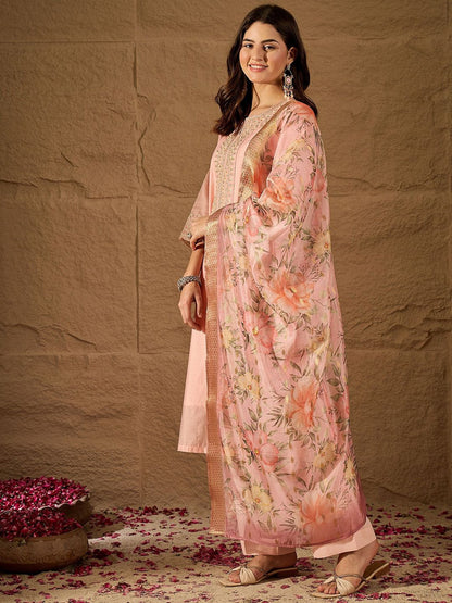 Dhiyona PD Women Embroidered Round Neck Kurta Trouser Dupatta Set