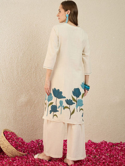 Dhiyona IE Printed V-Neck Three-Quarter Sleeves Pure Cotton Tunic And Trousers