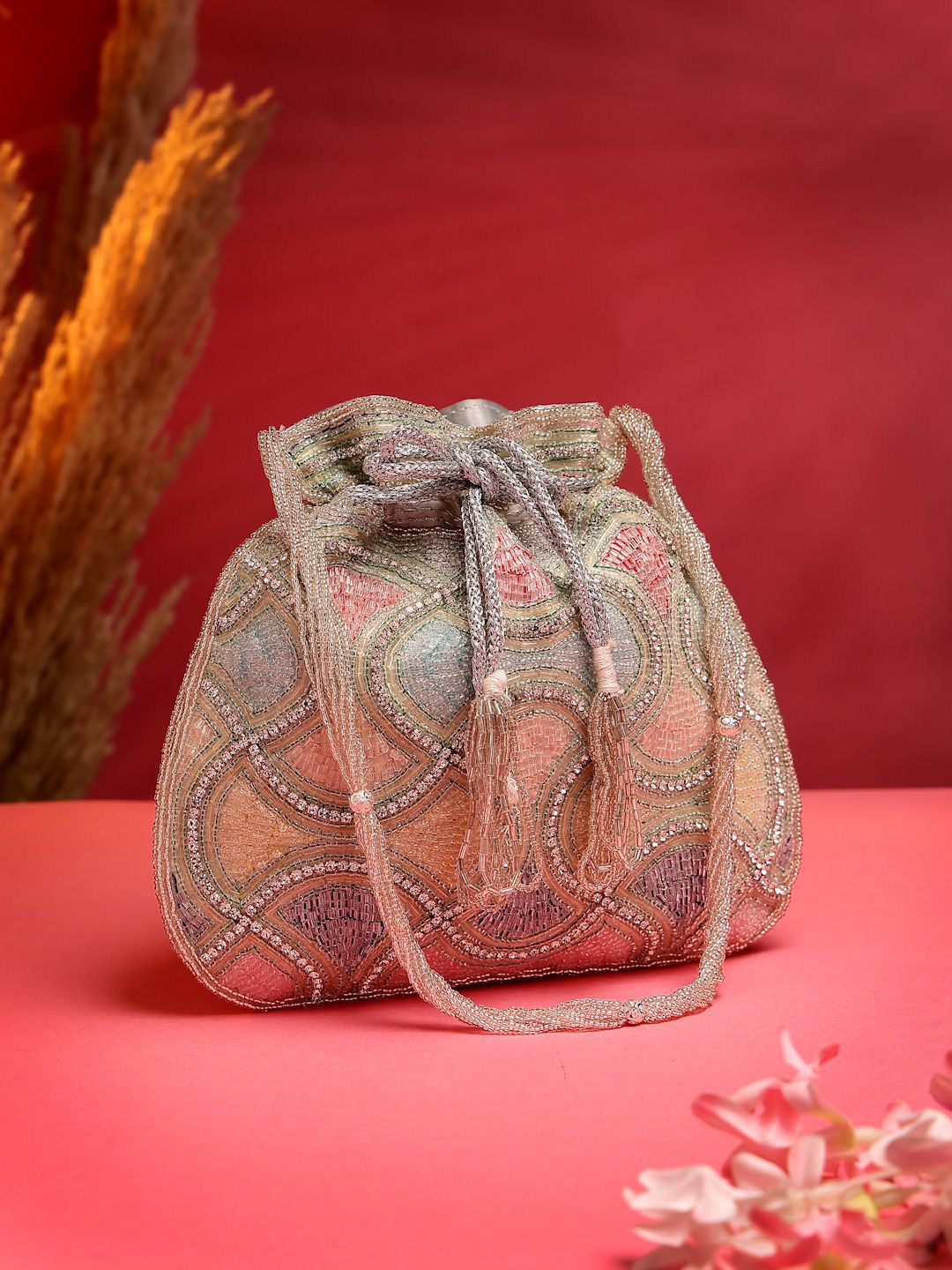 Dhiyona NR Dangle Silver & Pastel Multi Vermicular Embellished Faux Silk Potli