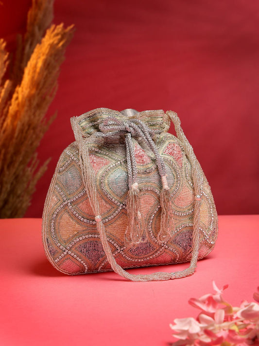 Dhiyona NR Dangle Silver & Pastel Multi Vermicular Embellished Faux Silk Potli