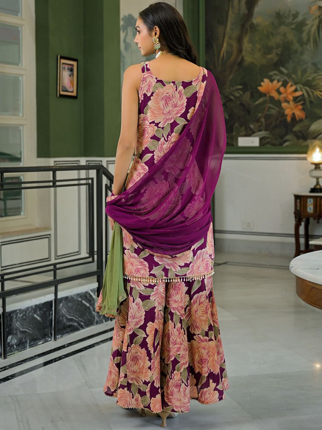 Dhiyona HOP Floral Printed Beads & Stones Milano Chiffon Kurta With Sharara & Dupatta