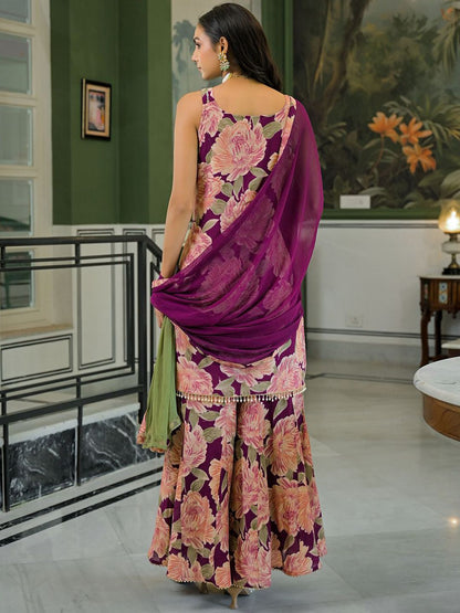 Dhiyona HOP Floral Printed Beads & Stones Milano Chiffon Kurta With Sharara & Dupatta