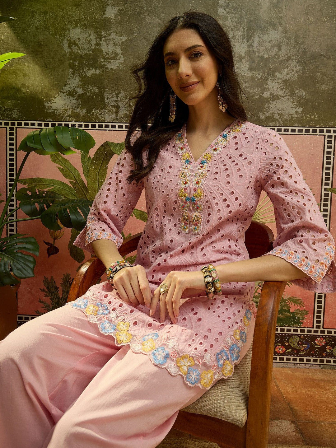 Embroidered Pure Cotton V-Neck Kurti & Trousers