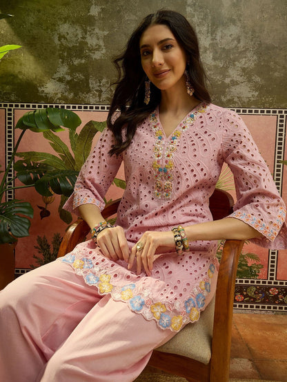 Embroidered Pure Cotton V-Neck Kurti & Trousers