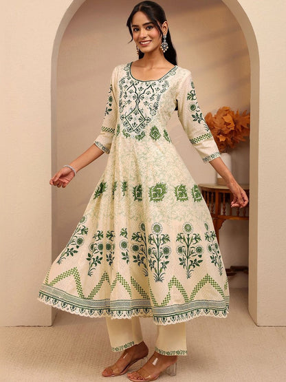 Cream Floral Printed Cotton Anarkali Suit Set