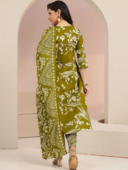 Olive Green Floral Printed Cotton Blend Straight Suit Set