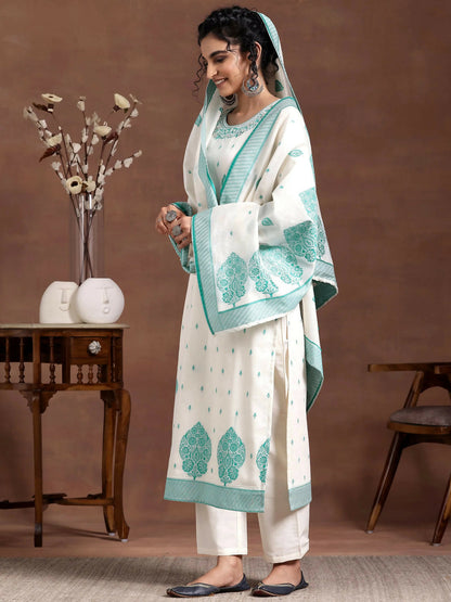 Women's LB Off White Woven Design Chanderi Silk Straight Suit With Dupatta