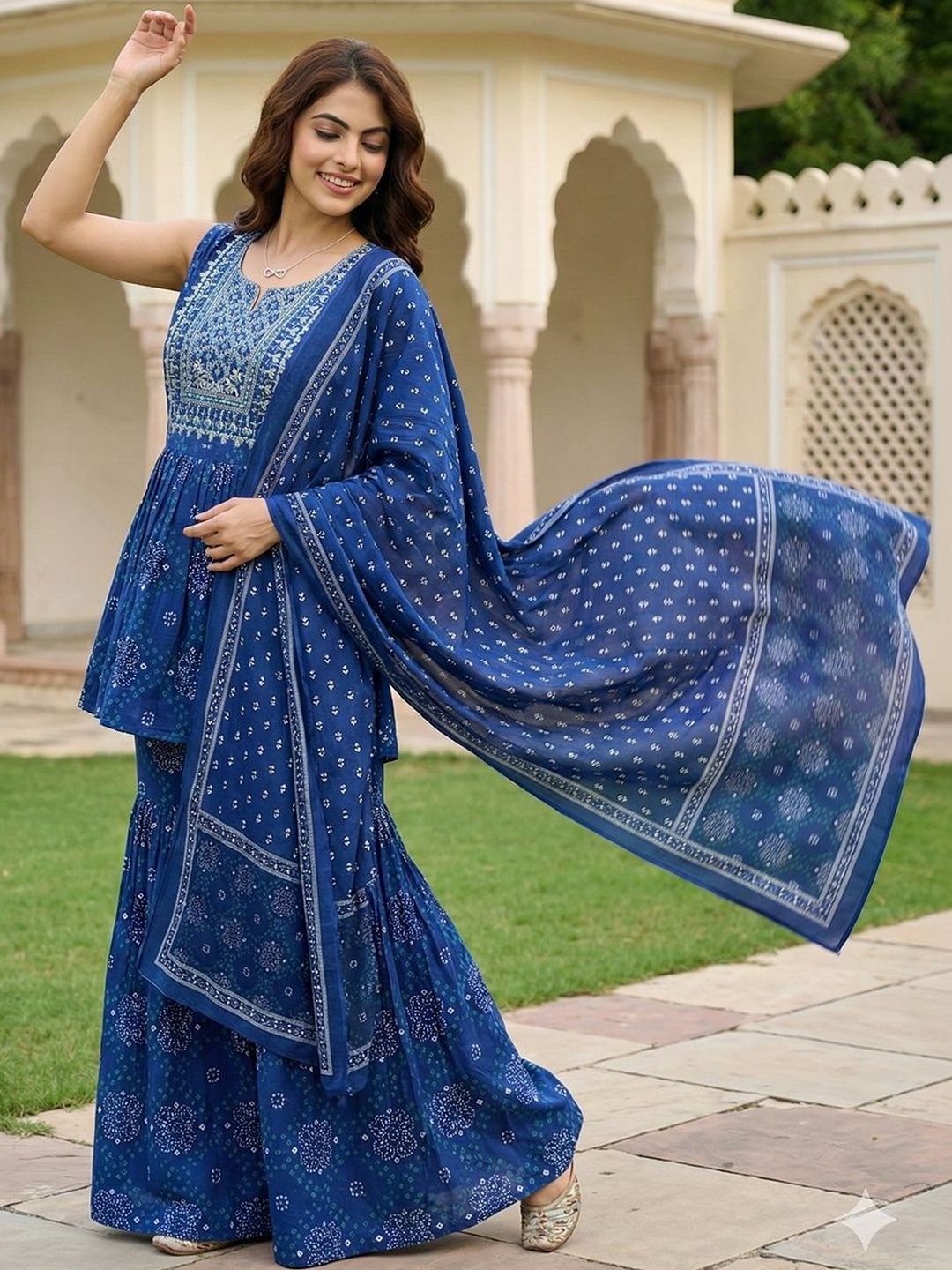 Dhiyona AN Women Ethnic Motifs Printed Empire Thread Work Pure Cotton Kurta with Sharara & With Dupatta