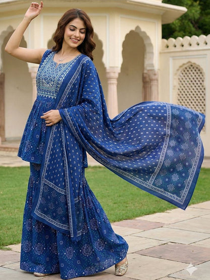 Dhiyona AN Women Ethnic Motifs Printed Empire Thread Work Pure Cotton Kurta with Sharara & With Dupatta