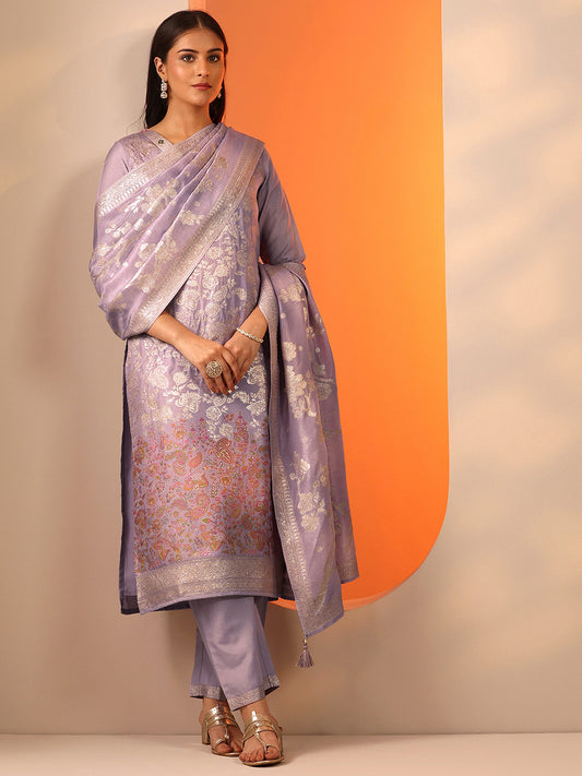 Women Floral Woven Design V-Neck Regular Straight Kurta Set