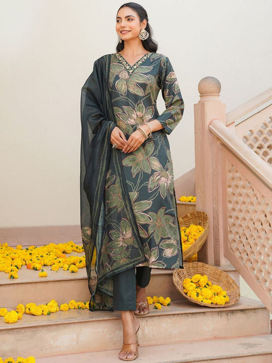 Dhiyona KL Floral Printed V-Neck Straight Kurta With Trousers And Dupatta