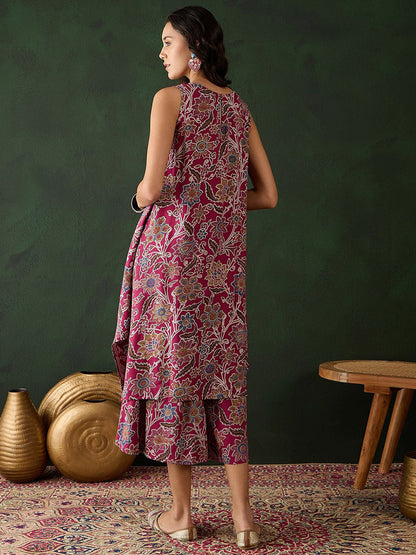 Burgundy Floral Printed Round Neck A-Line Kurta With Palazzos