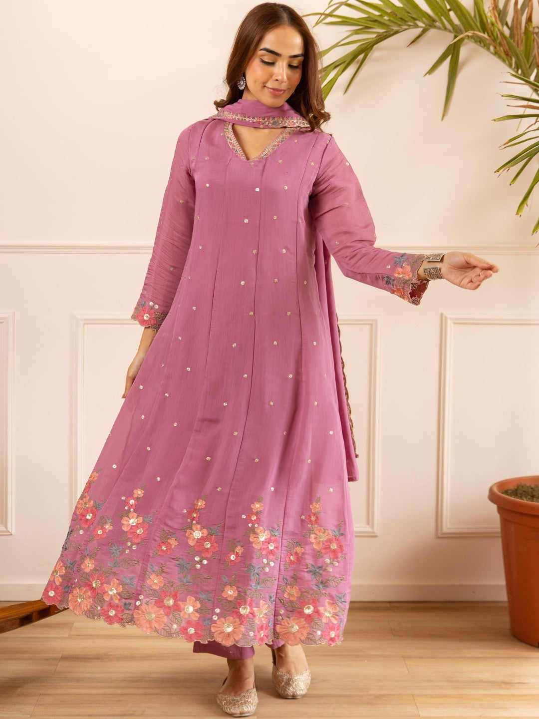 Women's Pink Mulmul Chanderi Kurta Pant Dupatta Set