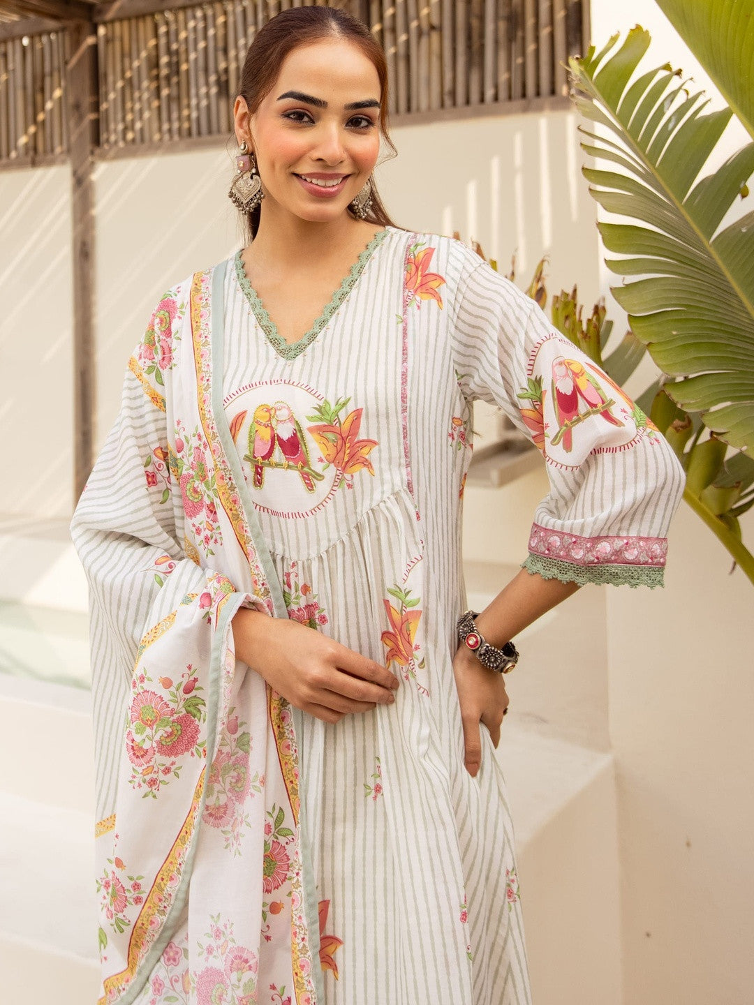 Printed V-Neck Kurta & Trousers With Dupatta