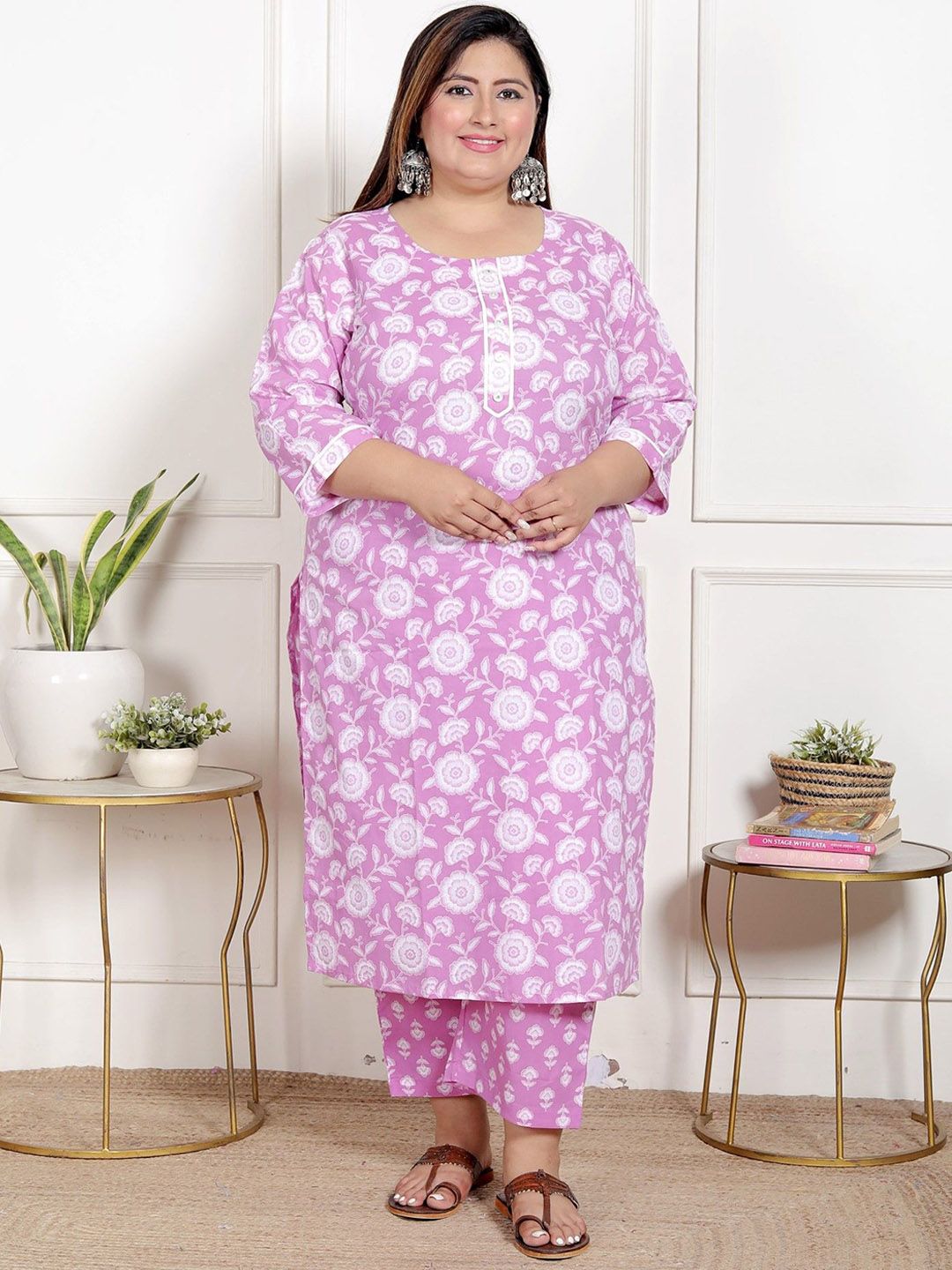 Dhiyona KL Women Plus Size Floral Printed Pure Cotton Kurta with Palazzo & Dupatta