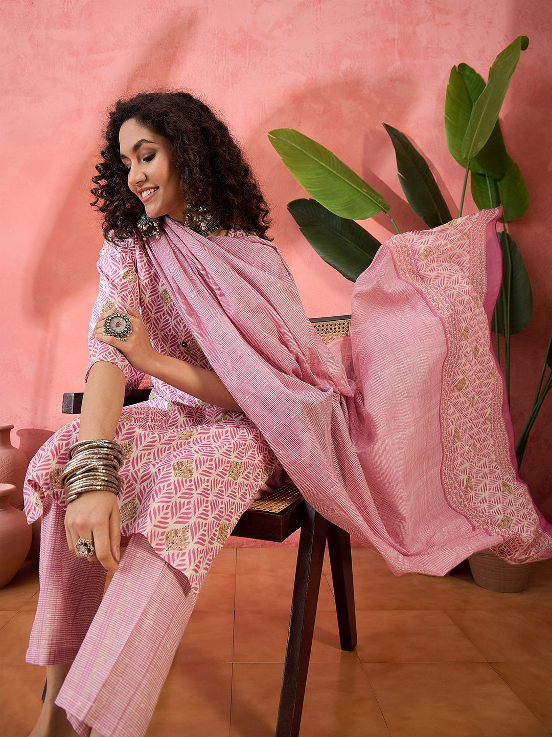 Floral Printed Round Neck Pure Cotton Straight Kurta With Trousers & Dupatta