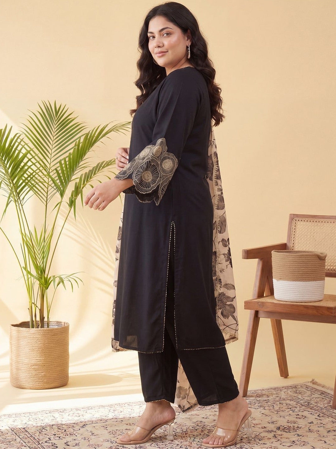 Plus Size Black Embroidered Straight Kurta Trousers With Dupatta Set
