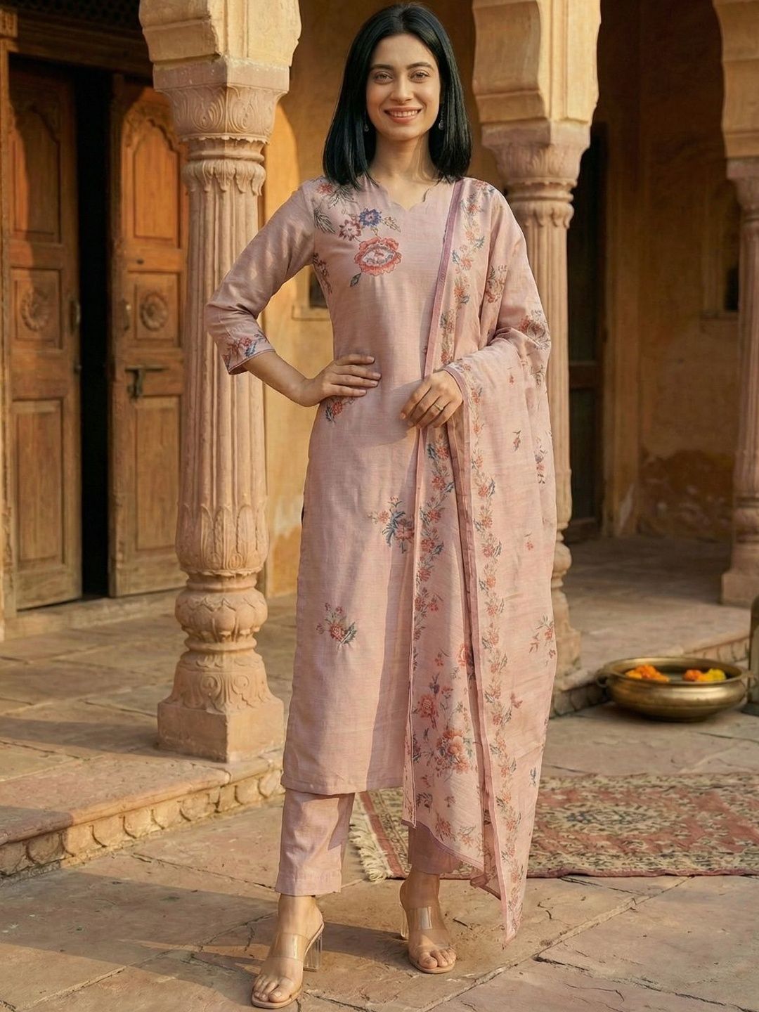 Peach Women Floral Embroidered Regular Chanderi Silk Kurta with Trousers & With Dupatta
