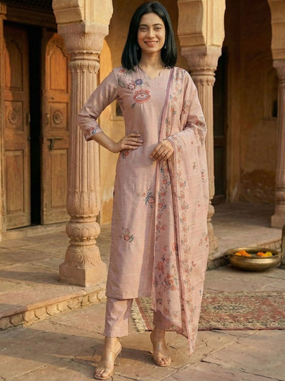 Peach Women Floral Embroidered Regular Chanderi Silk Kurta with Trousers & With Dupatta