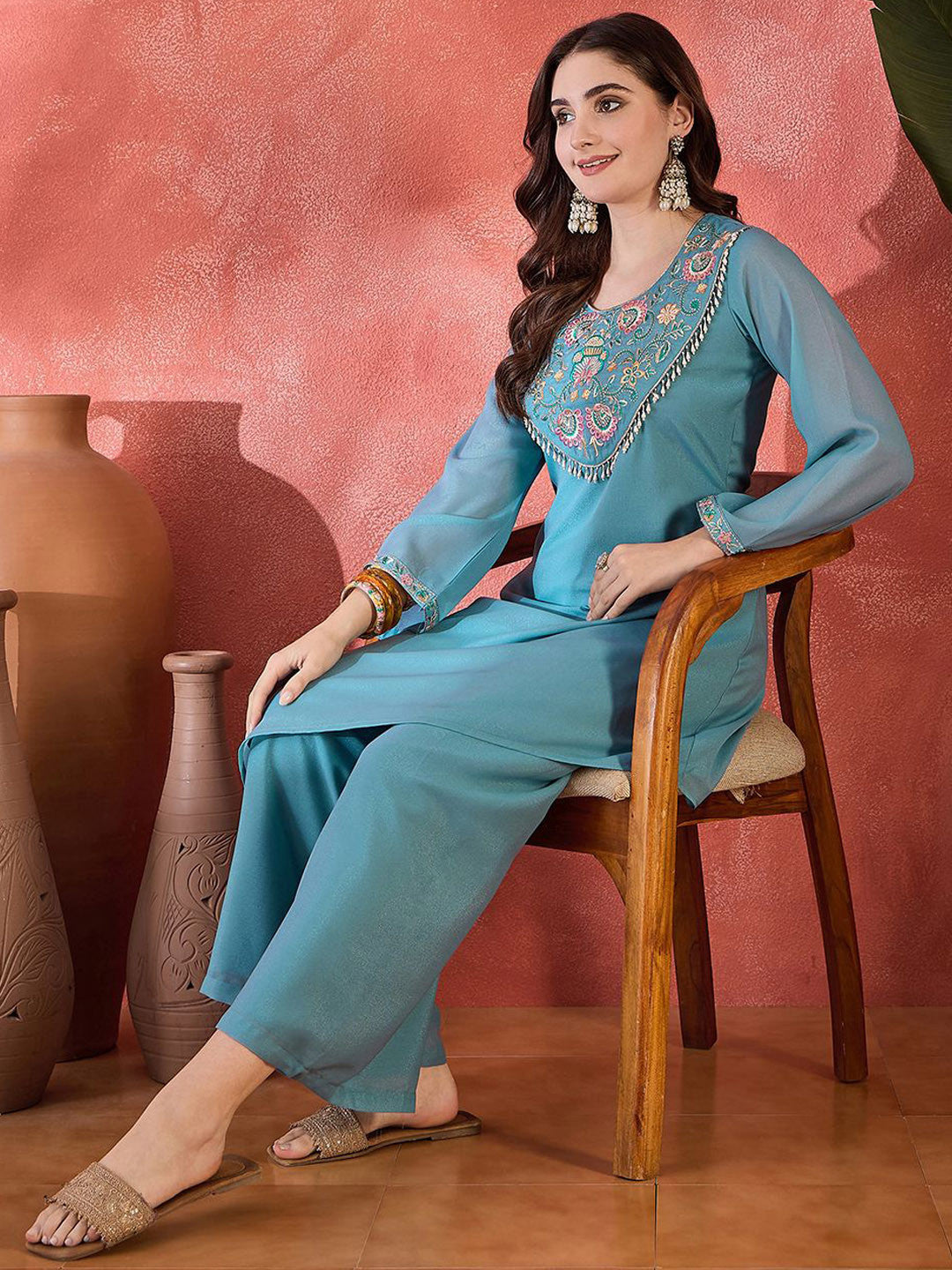 Floral Yoke Design Sequence Asymmetric Kurta & Palazzo Set