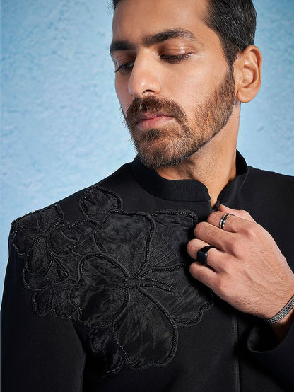 Men's Black Imported Suiting Lycra Straight Sherwani Only Top