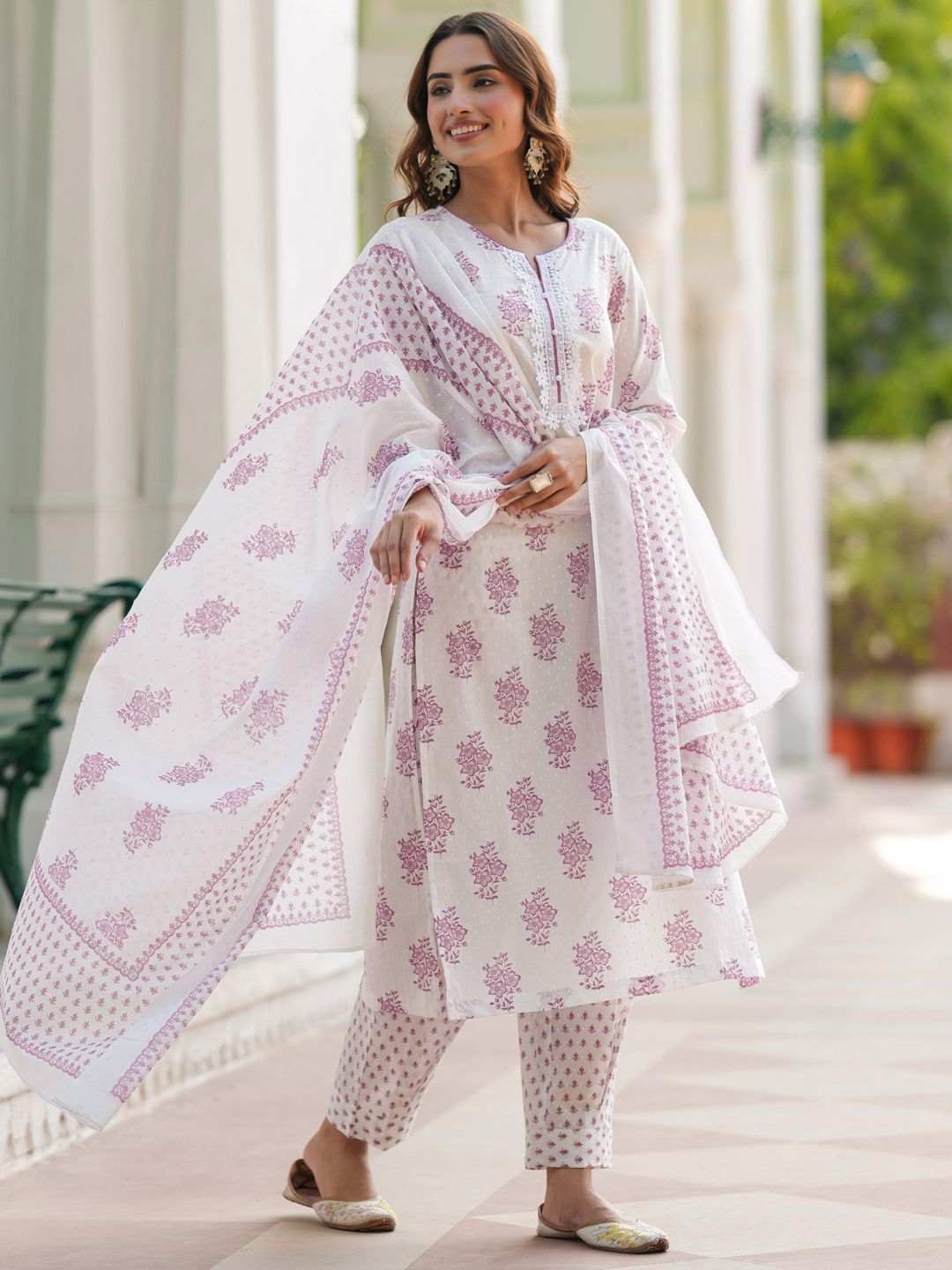Dhiyona RR Women's Floral Printed Cotton Kurta with Trousers & Dupatta