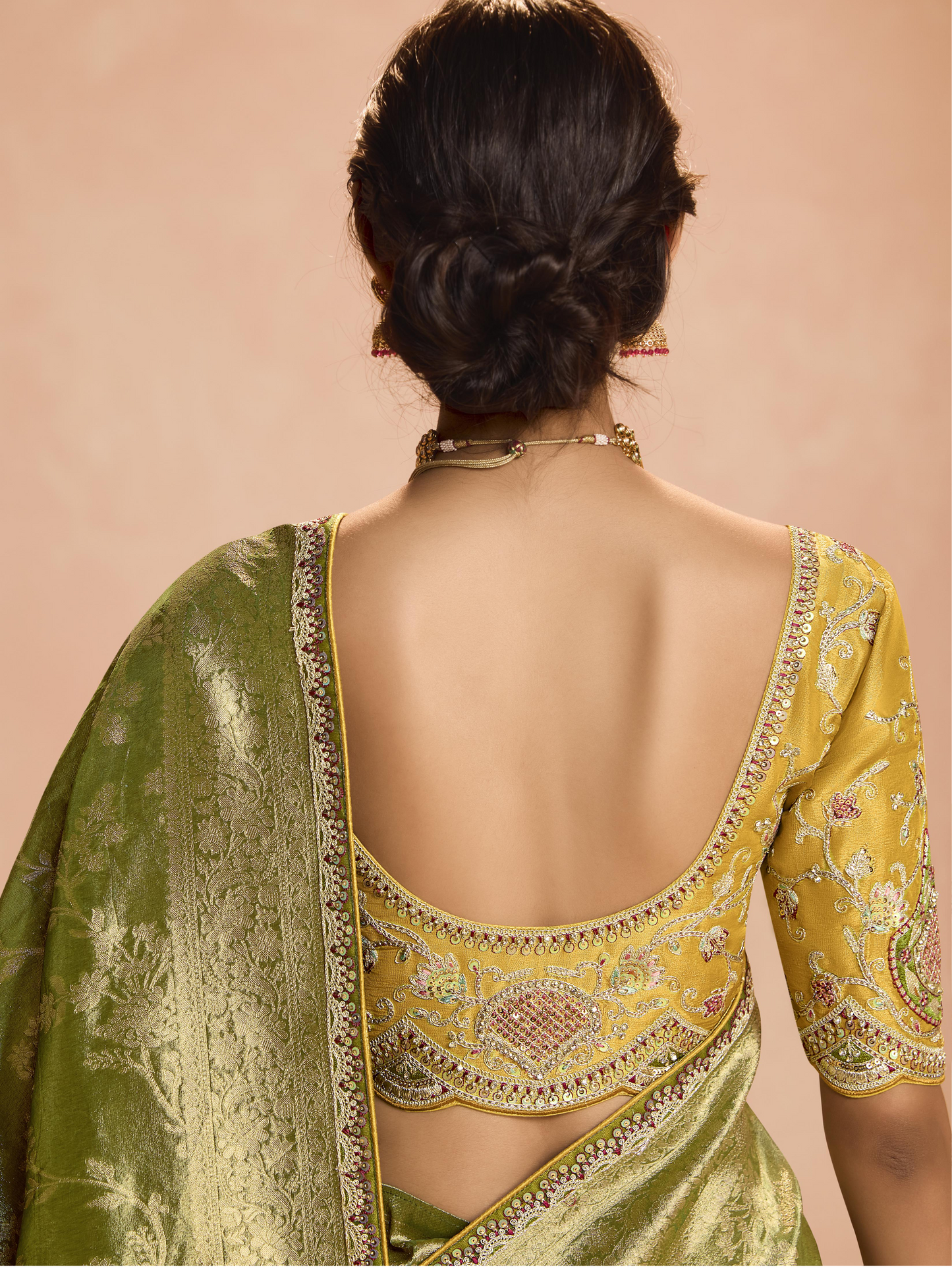 Dhiyona KM Women Radiant Green Kanjivaram Silk Saree With Ornate Yellow Blouse “ A Regal Ensemble