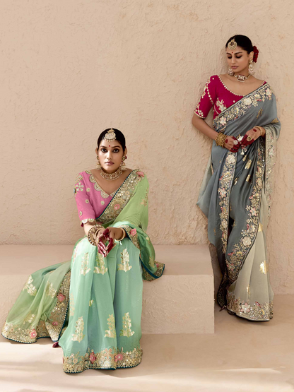 Dhiyona KM Women Shaded Green & Aqua Tussar Silk Saree