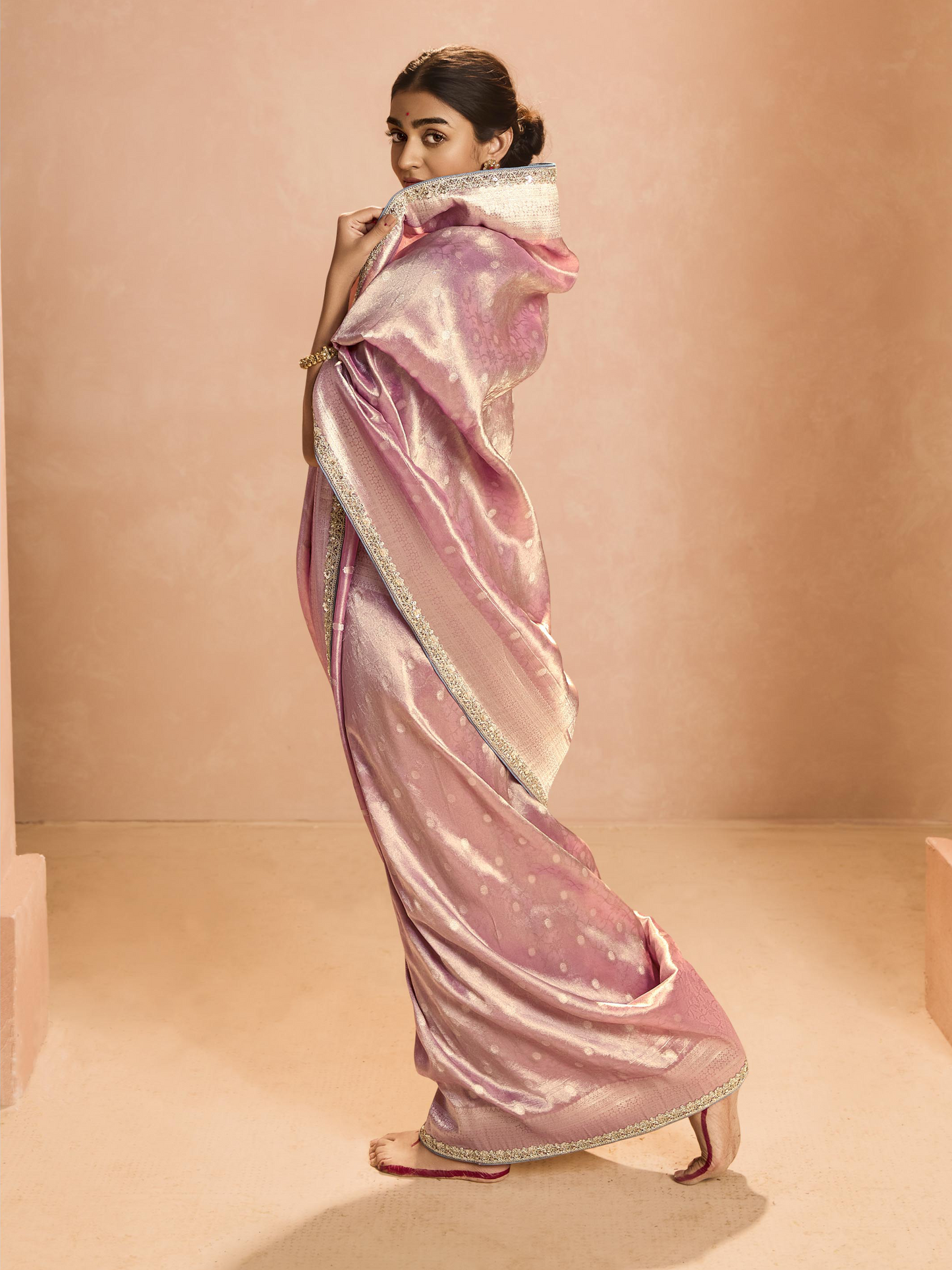 Dhiyona KM Women Blush Pink Kanjivaram Silk Saree With Elegant Blue Embroidered Blouse “ Subtle Glamour