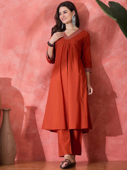 Pure Cotton V-Neck Kurta & Trousers
