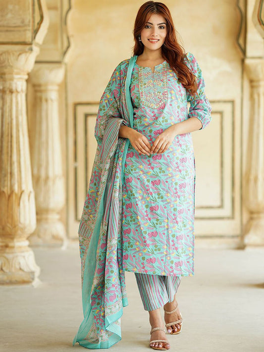 Dhiyona KL Floral Printed Mirror Work Pure Cotton Straight Kurta With Trousers & Dupatta